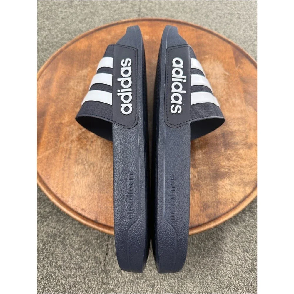 adidas Sandals Mens 13 Blue White Athletic Three-Stripe Adilette Shower Pool Gym